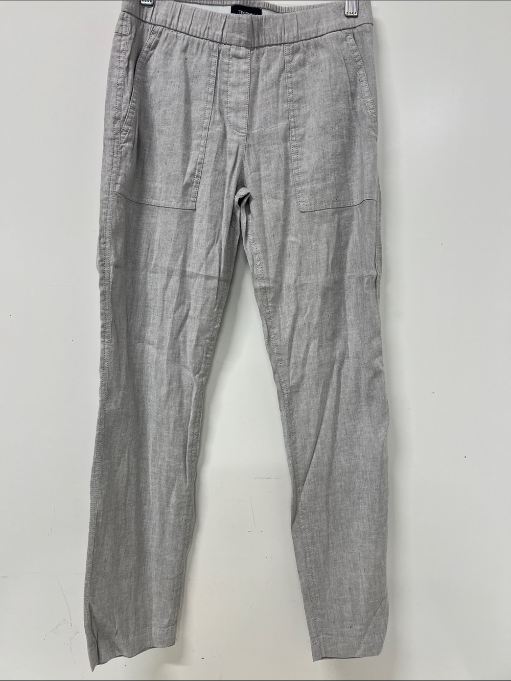 Theory Pull On Linen Blend Pants, Pockets, Slight Taper, Size 0, Light Gray